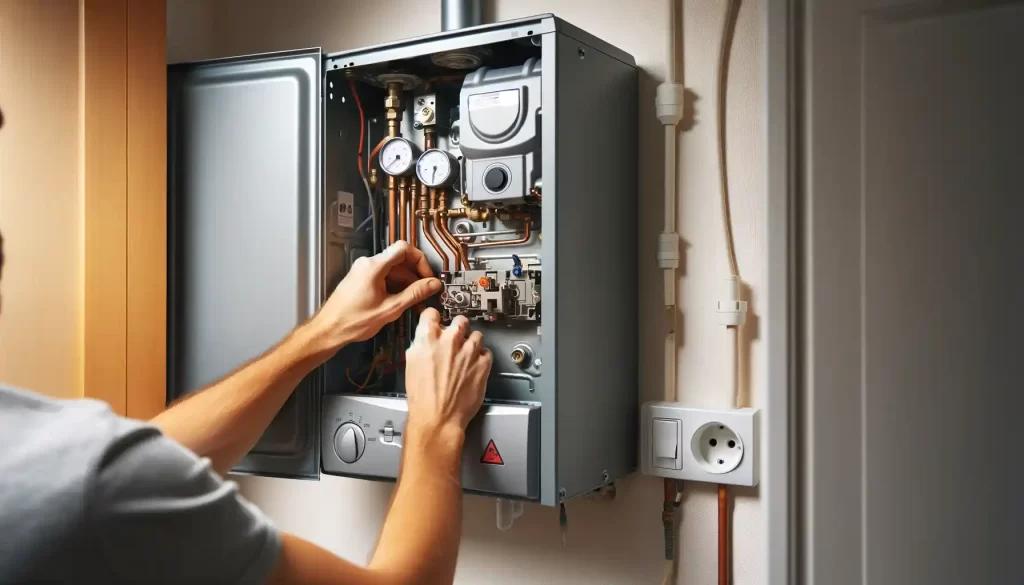 Hands servicing the interior of an open gas boiler against a plain wall, with visible pipes, valves, and a plugged-in cable