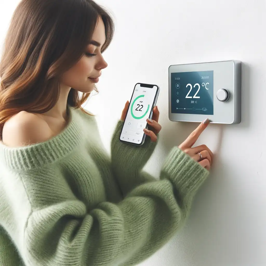 A woman in a green sweater uses a smartphone with a temperature app beside a digital wall thermostat set to 22°C.