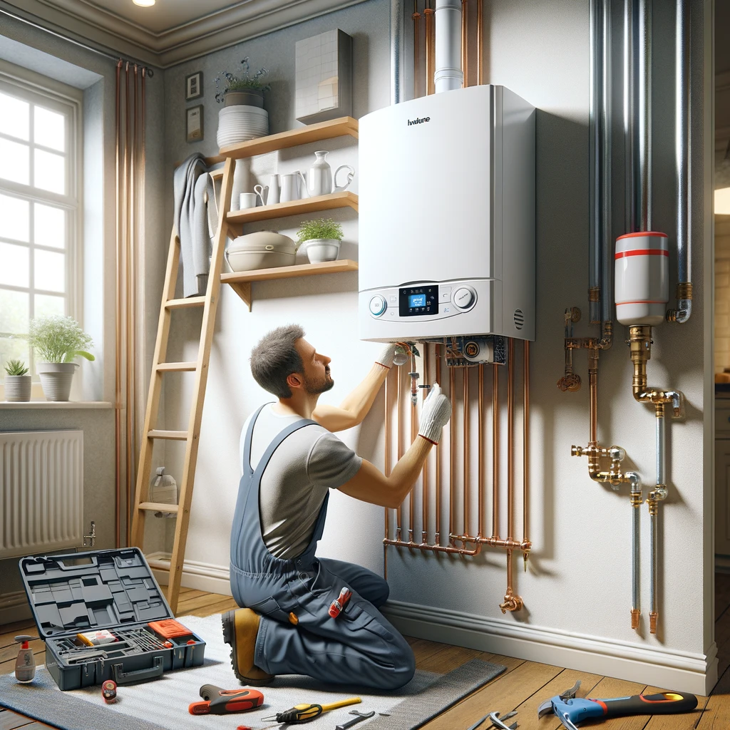 Image of a wall-mounted combi boiler being installed in a UK home. The scene includes a technician in work clothes fitting the boiler