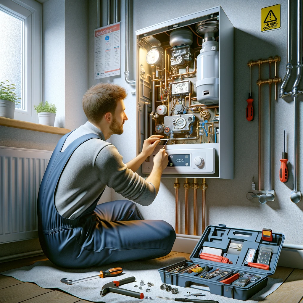 image of a boiler repair in a home setting. The scene shows a gas boiler mounted on a wall with panels open, exposing the internals
