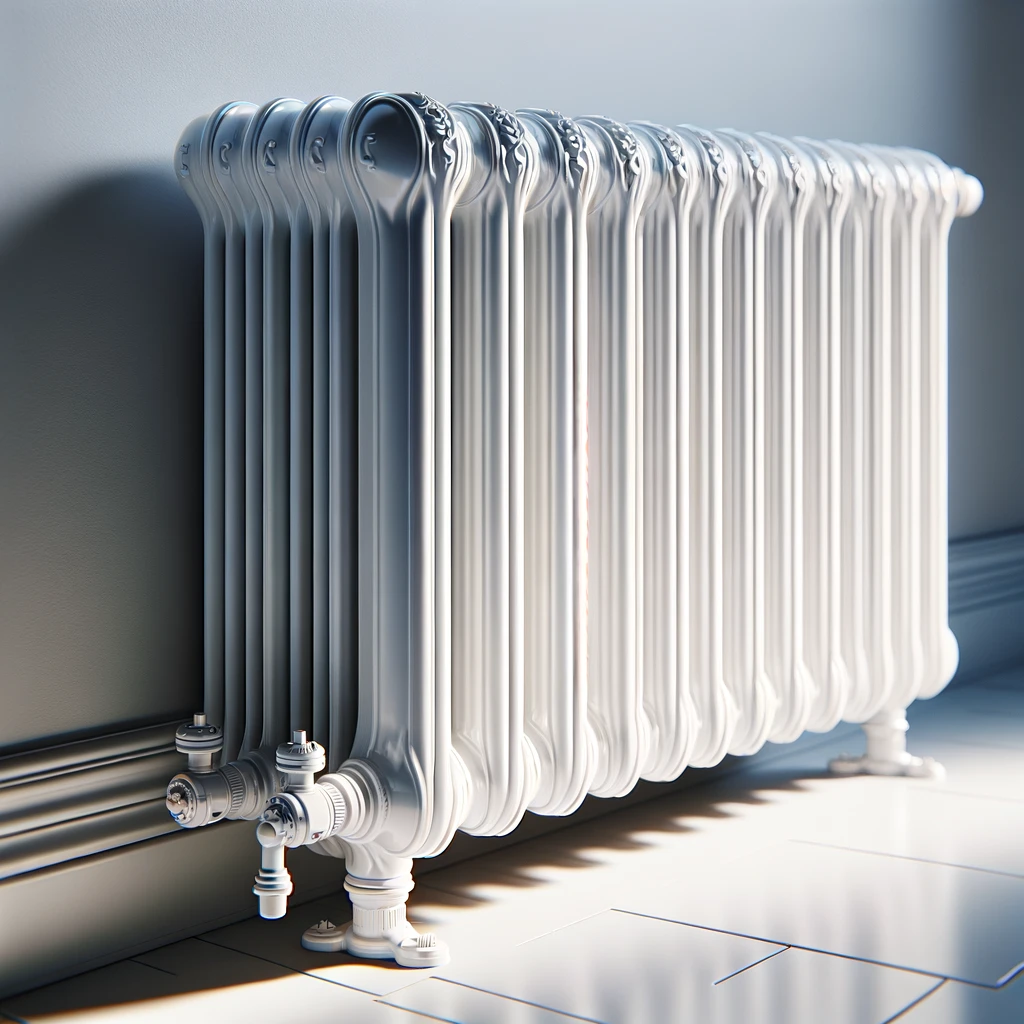close-up image of a central heating radiator in white colour. The image focuses on the sleek and contemporary design of the radiator,