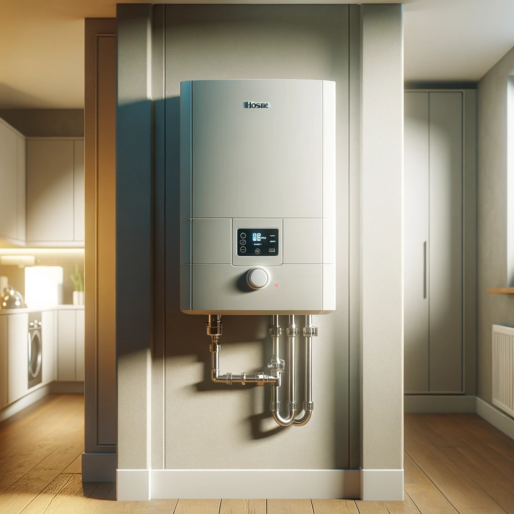  image of a wall-mounted combi boiler. This depicts the modern and compact design typically found in residential settings, with a digital control panel and visible pipes connecting to the heating system