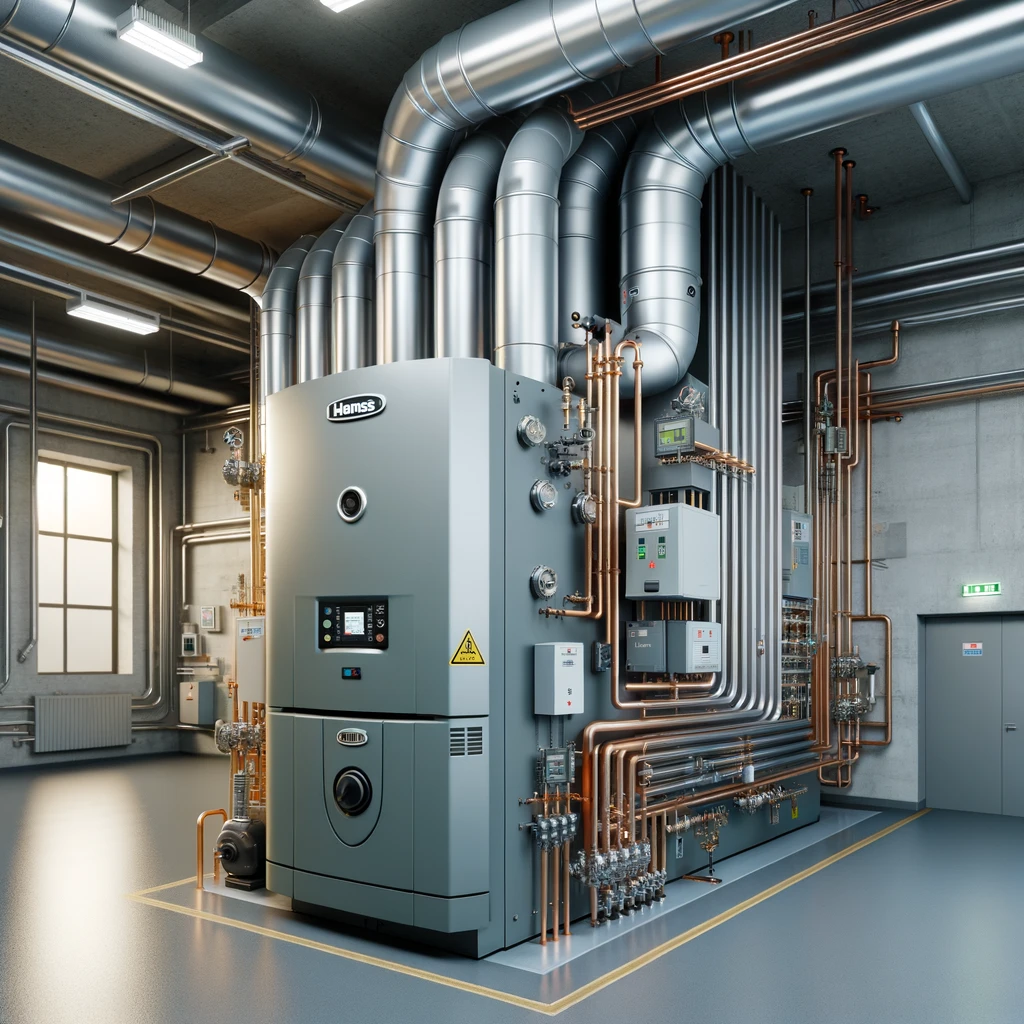 image showcases the characteristics typical of commercial boilers, such as their larger size, robust design, multiple flues, and complex control systems, set in a commercial environment