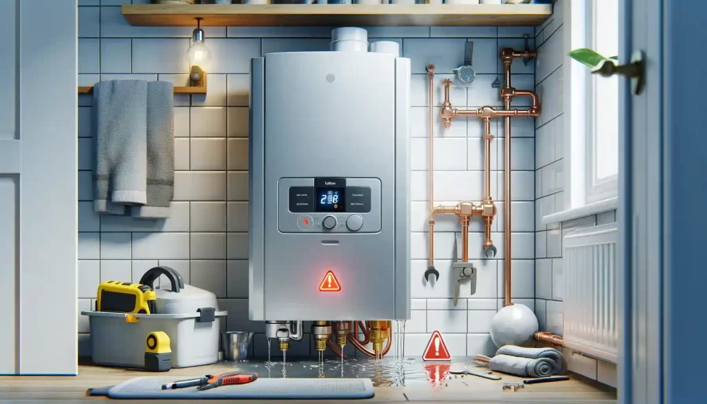features a modern boiler with some visible faults, such as leaking water and warning lights, set in a typical UK home utility room
