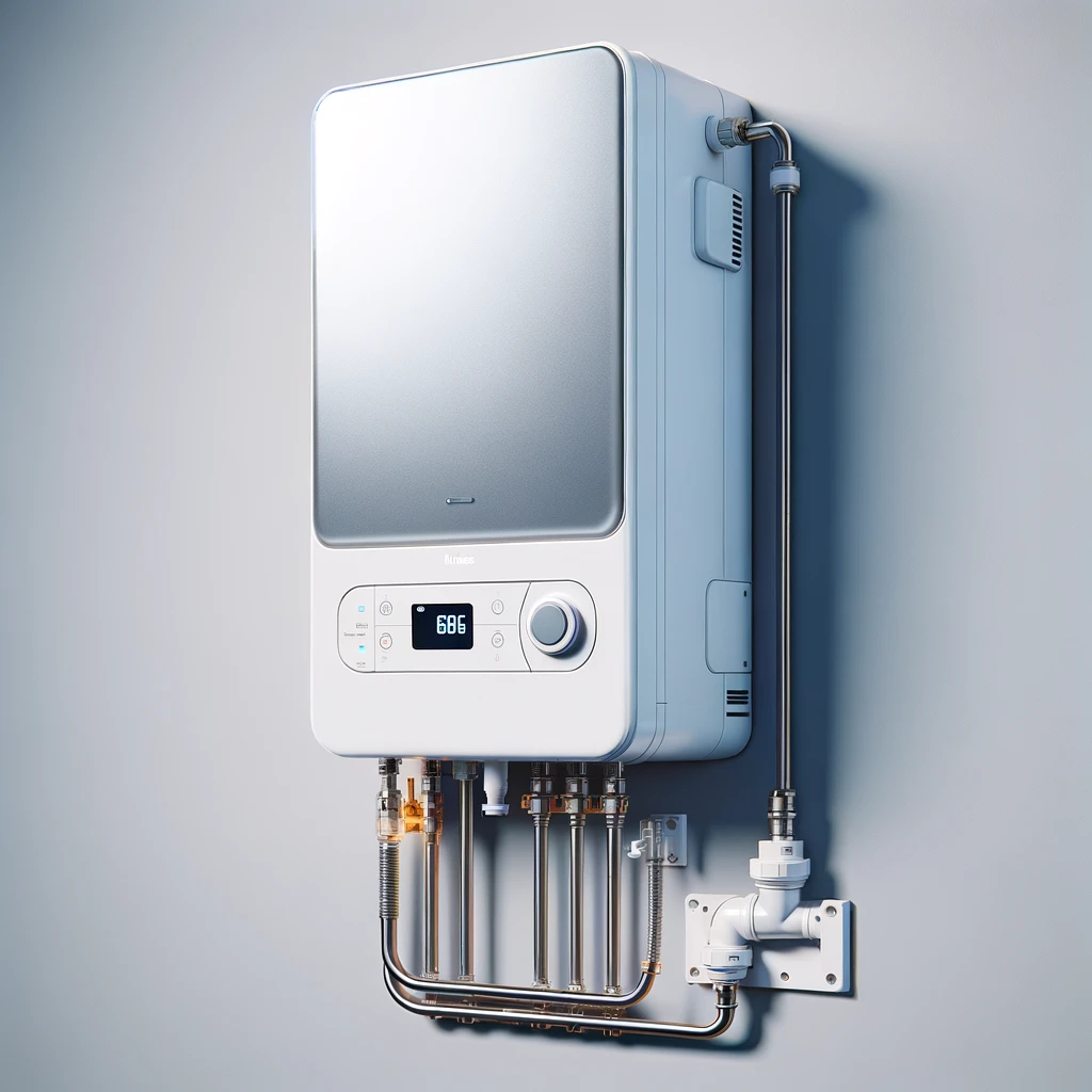 image of a wall-mounted electric boiler, showcasing its modern and compact design. This illustrates how such a boiler might look in a domestic setting, complete with control panels, LED displays, and the necessary connections
