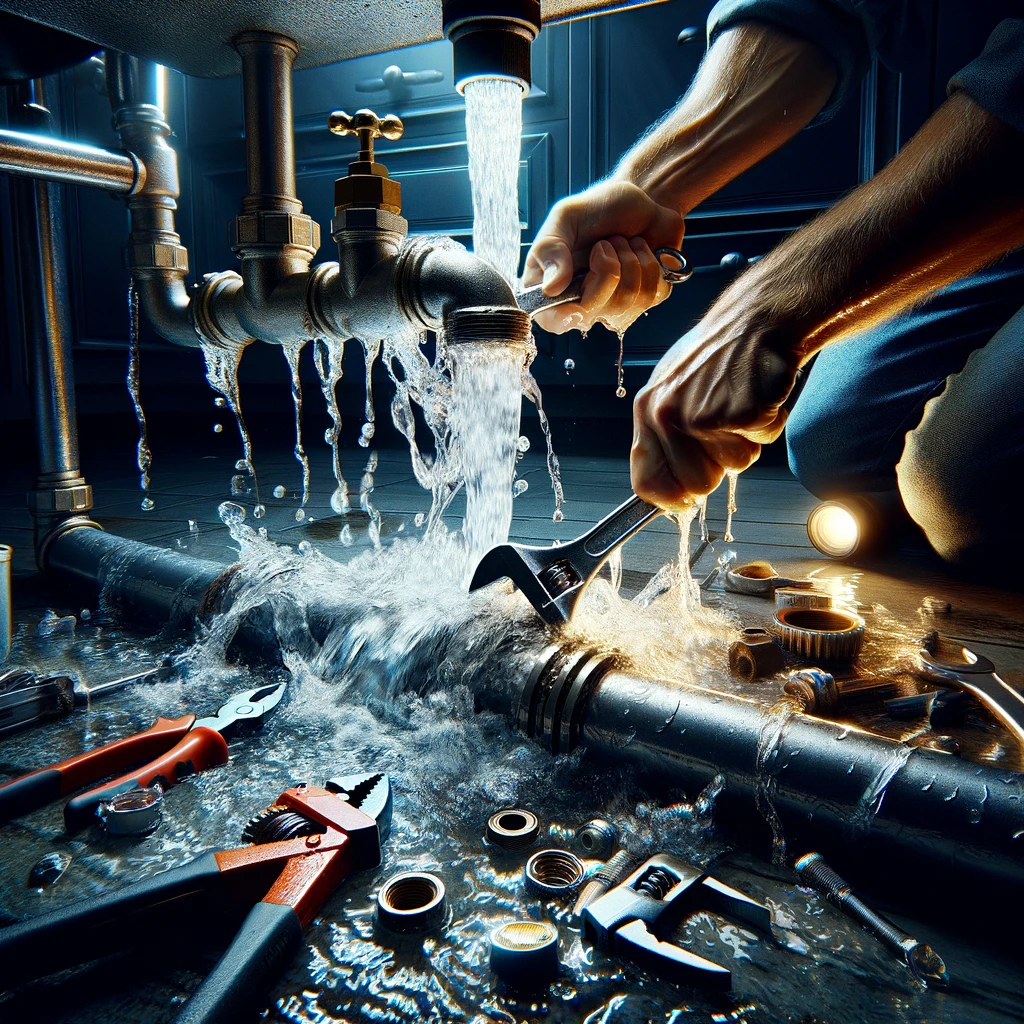 A close-up, photo-realistic image of an emergency plumbing situation. The focus is on a burst pipe under a kitchen sink, with water gushing out. Tools
