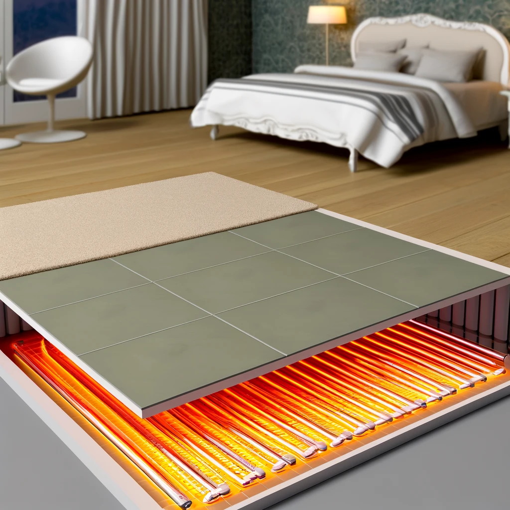 Image showing a cross-section of a room with underfloor heating, focusing on the heating elements beneath the flooring.